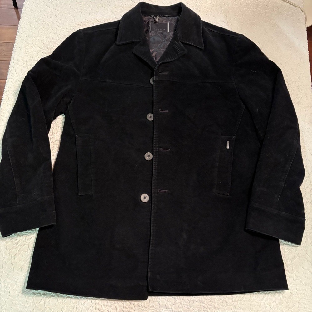 Ted Baker Men's Black Velvet Car Coat| Pea Coat| Utilitarian|‎ Sz L